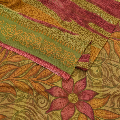 Vintage Saree Green Pure Chiffon Silk Printed Sari Craft Fabric Sewing 6Yard Soft quilting crafting dress making