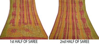 Vintage Saree Green Pure Chiffon Silk Printed Sari Craft Fabric Sewing 6Yard Soft quilting crafting dress making