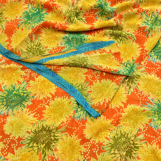 Indian Vintage Orange & Yellow Saree Pure Georgette Silk Printed Sari Craft Fabric Sewing 5Yard Soft Light Dress Making Floral
