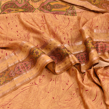 Vintage Saffron Pure Silk Saree Indian Printed Silk Fabric 6 Yards Boho Craft Material for Sewing, Quilting, Dressmaking, Upcycling
