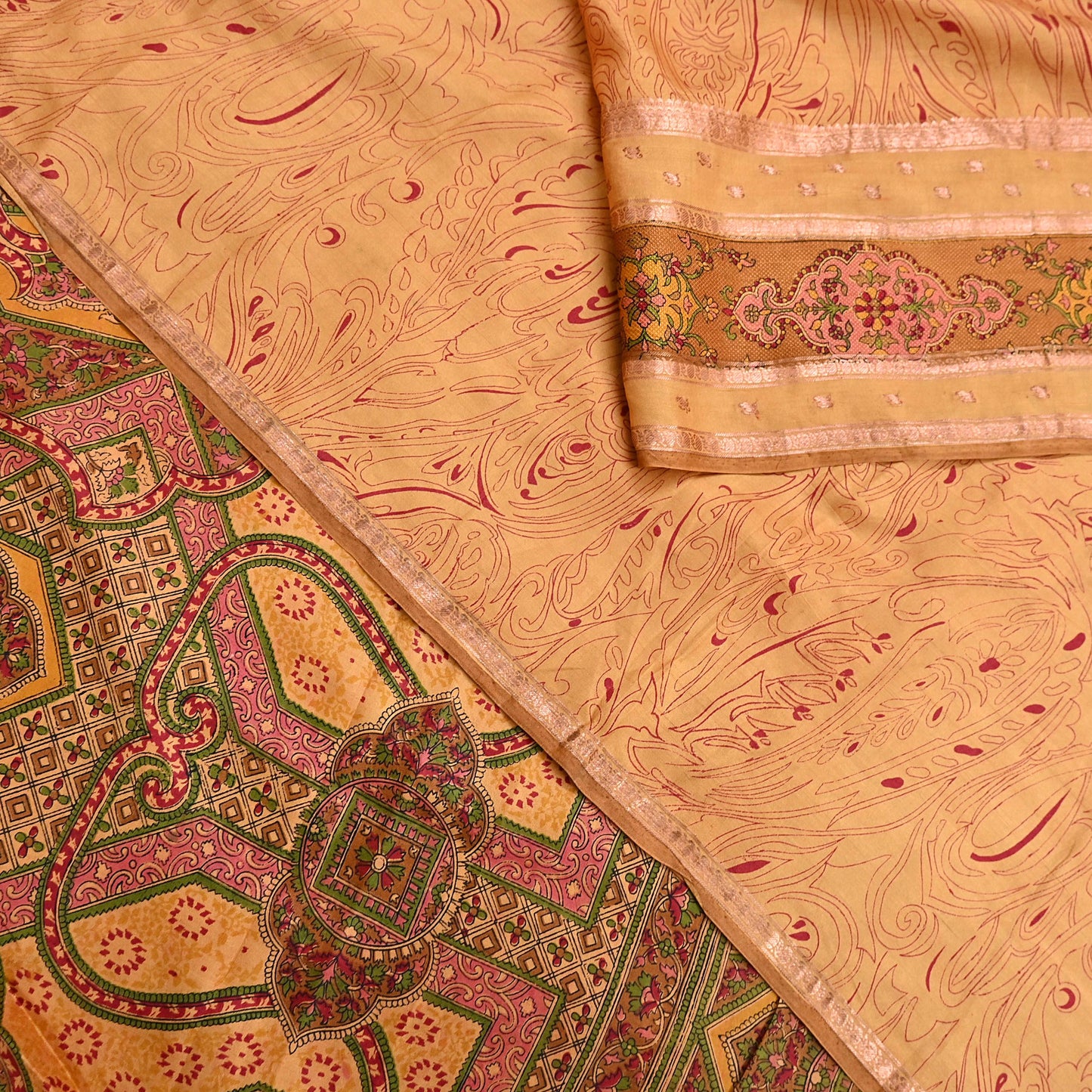 Vintage Saffron Pure Silk Saree Indian Printed Silk Fabric 6 Yards Boho Craft Material for Sewing, Quilting, Dressmaking, Upcycling