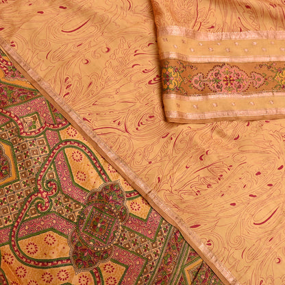 Vintage Saffron Pure Silk Saree Indian Printed Silk Fabric 6 Yards Boho Craft Material for Sewing, Quilting, Dressmaking, Upcycling
