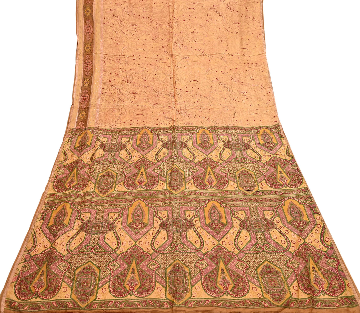 Vintage Saffron Pure Silk Saree Indian Printed Silk Fabric 6 Yards Boho Craft Material for Sewing, Quilting, Dressmaking, Upcycling