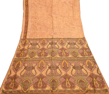 Vintage Saffron Pure Silk Saree Indian Printed Silk Fabric 6 Yards Boho Craft Material for Sewing, Quilting, Dressmaking, Upcycling