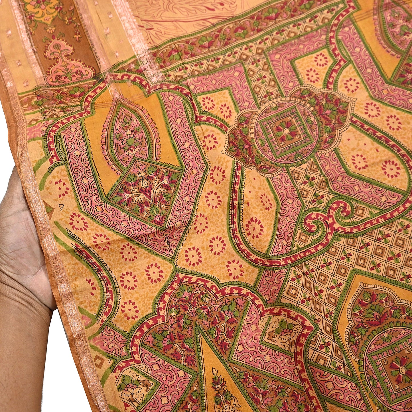 Vintage Saffron Pure Silk Saree Indian Printed Silk Fabric 6 Yards Boho Craft Material for Sewing, Quilting, Dressmaking, Upcycling