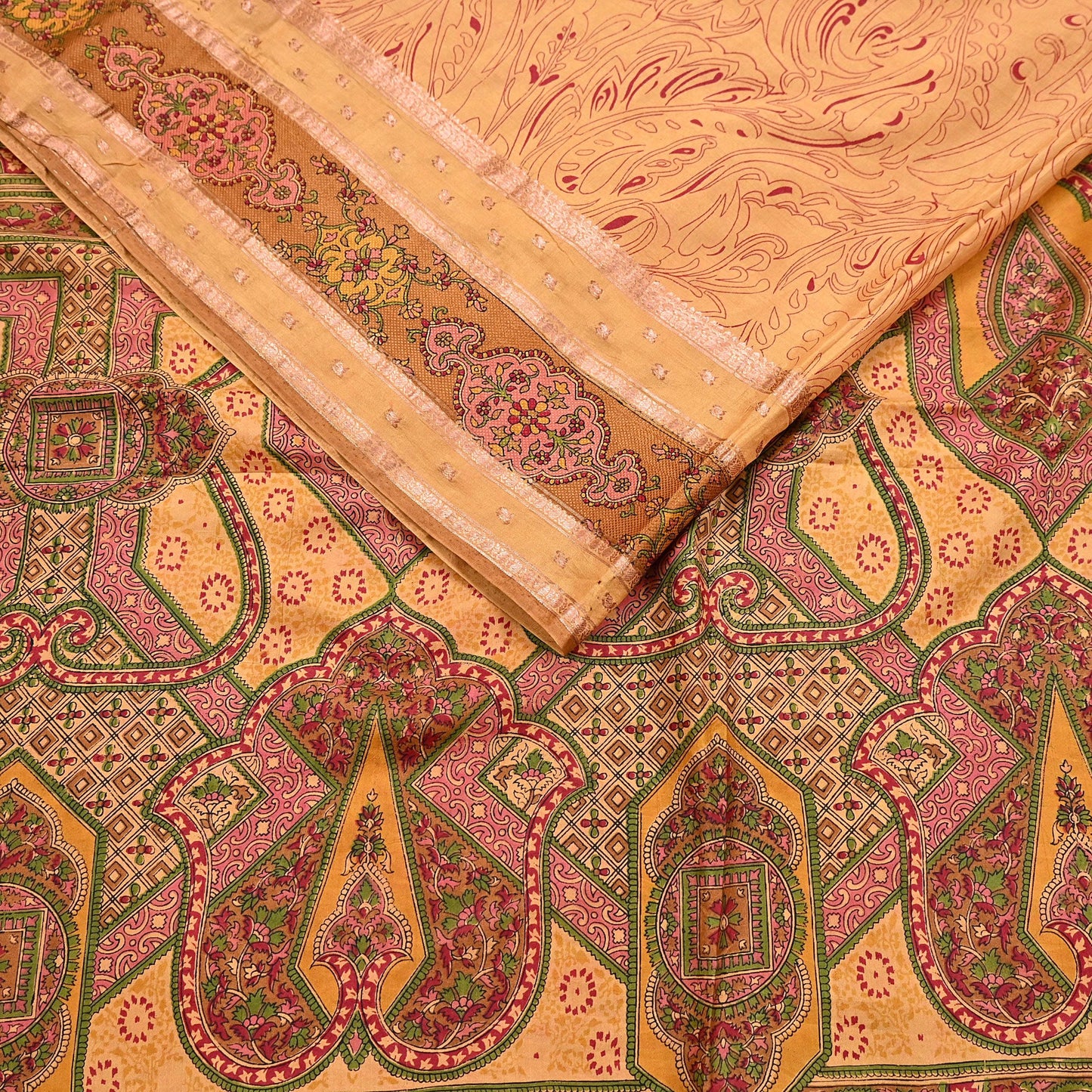 Vintage Saffron Pure Silk Saree Indian Printed Silk Fabric 6 Yards Boho Craft Material for Sewing, Quilting, Dressmaking, Upcycling