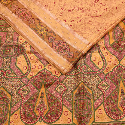 Vintage Saffron Pure Silk Saree Indian Printed Silk Fabric 6 Yards Boho Craft Material for Sewing, Quilting, Dressmaking, Upcycling
