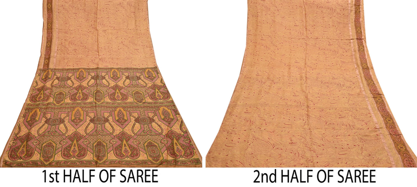 Vintage Saffron Pure Silk Saree Indian Printed Silk Fabric 6 Yards Boho Craft Material for Sewing, Quilting, Dressmaking, Upcycling