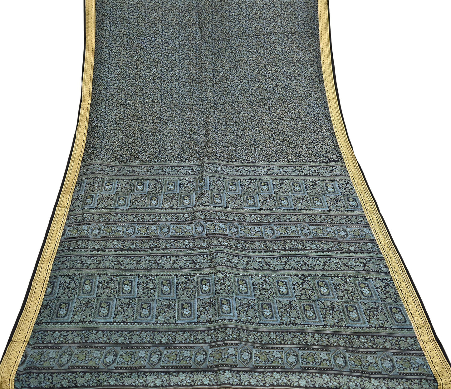 Indian Vintage Sari Black 100% Pure Silk Printed Sarees 5yd Sewing Craft Fabric Dress Making Soft Woven Border Upcycle Quilting