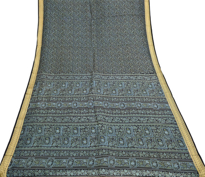 Indian Vintage Sari Black 100% Pure Silk Printed Sarees 5yd Sewing Craft Fabric Dress Making Soft Woven Border Upcycle Quilting