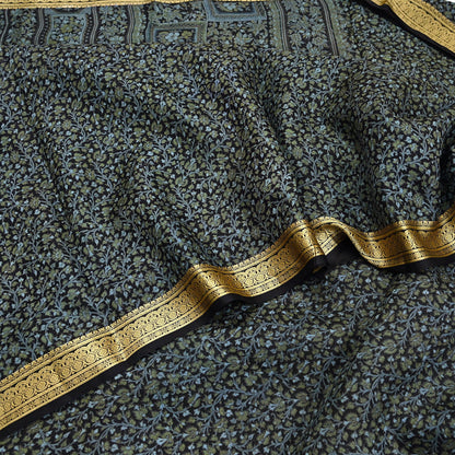 Indian Vintage Sari Black 100% Pure Silk Printed Sarees 5yd Sewing Craft Fabric Dress Making Soft Woven Border Upcycle Quilting