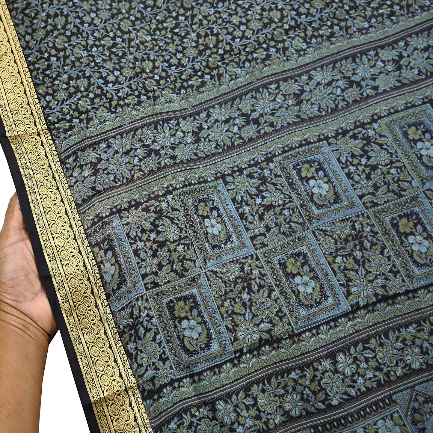 Indian Vintage Sari Black 100% Pure Silk Printed Sarees 5yd Sewing Craft Fabric Dress Making Soft Woven Border Upcycle Quilting