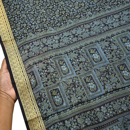 Indian Vintage Sari Black 100% Pure Silk Printed Sarees 5yd Sewing Craft Fabric Dress Making Soft Woven Border Upcycle Quilting