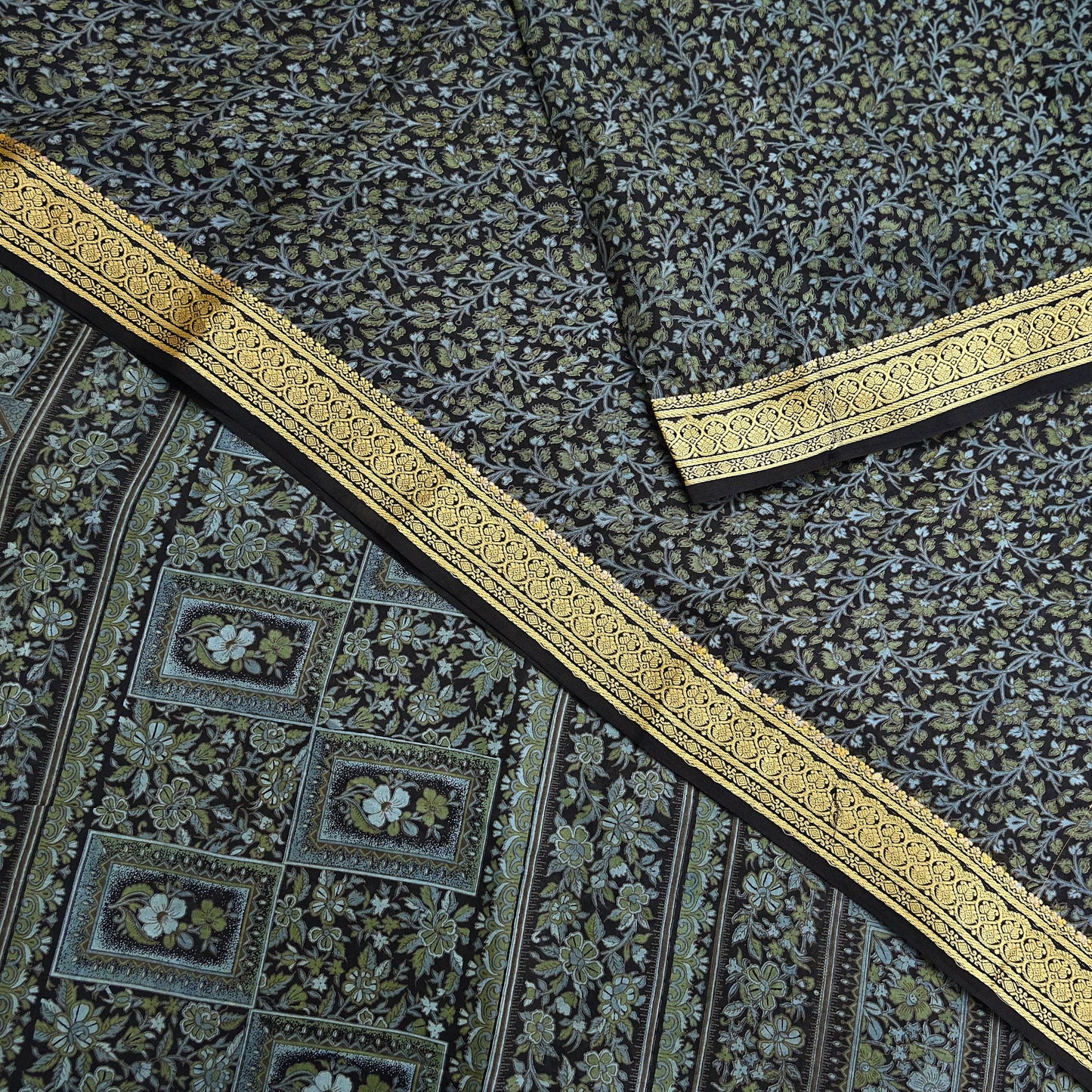 Indian Vintage Sari Black 100% Pure Silk Printed Sarees 5yd Sewing Craft Fabric Dress Making Soft Woven Border Upcycle Quilting