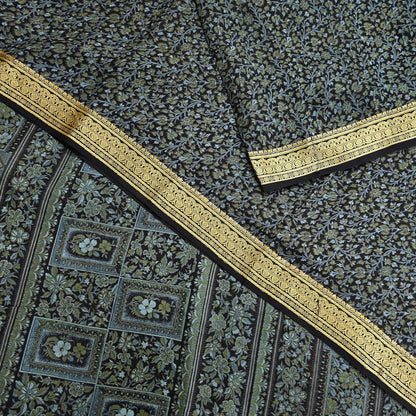 Indian Vintage Sari Black 100% Pure Silk Printed Sarees 5yd Sewing Craft Fabric Dress Making Soft Woven Border Upcycle Quilting