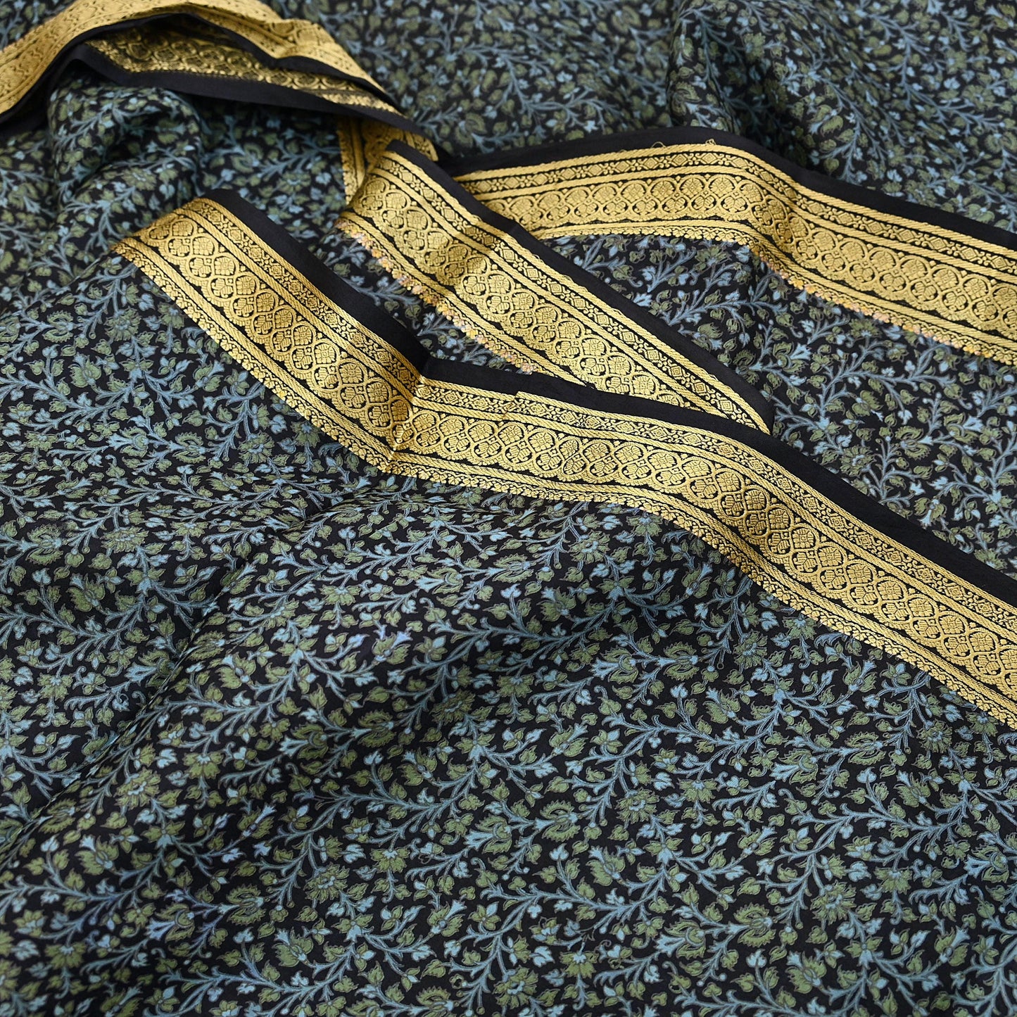 Indian Vintage Sari Black 100% Pure Silk Printed Sarees 5yd Sewing Craft Fabric Dress Making Soft Woven Border Upcycle Quilting