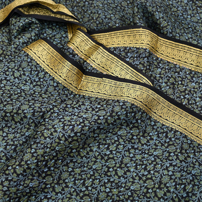 Indian Vintage Sari Black 100% Pure Silk Printed Sarees 5yd Sewing Craft Fabric Dress Making Soft Woven Border Upcycle Quilting