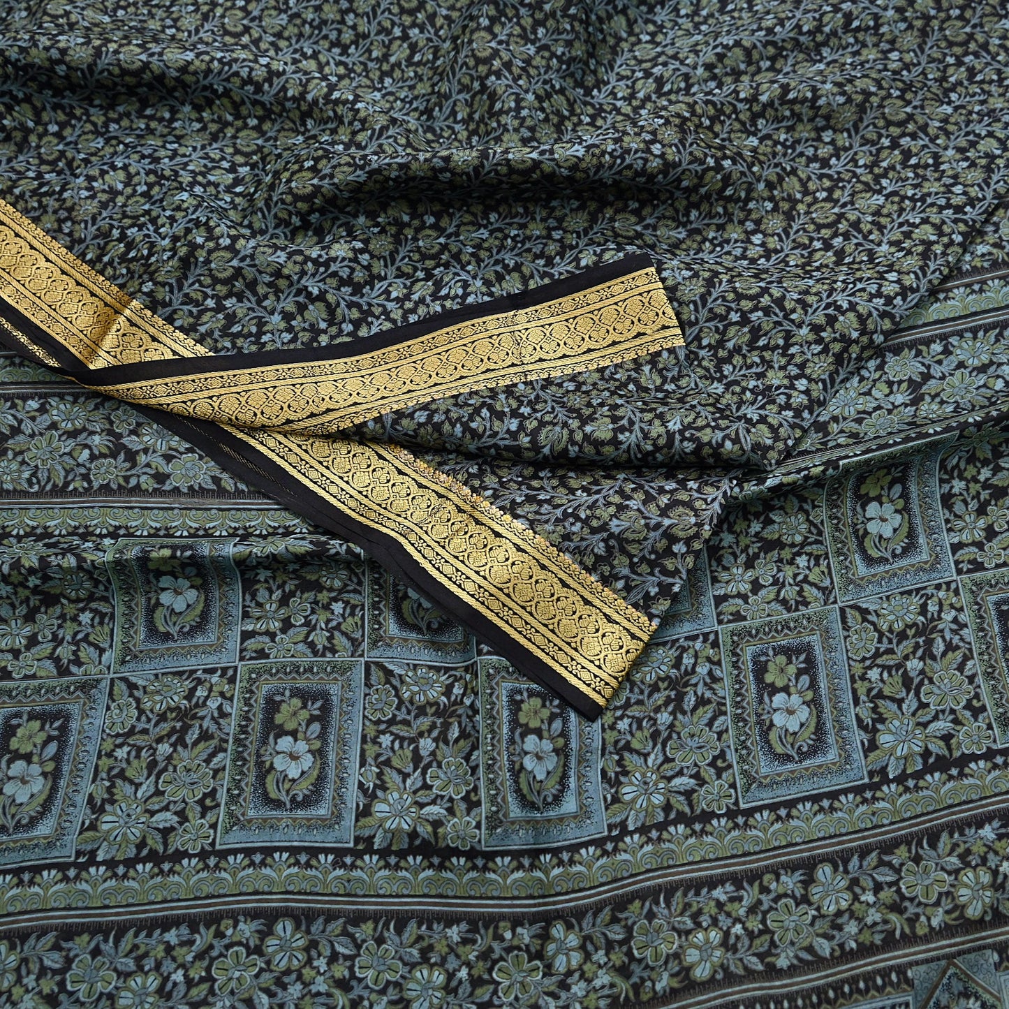 Indian Vintage Sari Black 100% Pure Silk Printed Sarees 5yd Sewing Craft Fabric Dress Making Soft Woven Border Upcycle Quilting