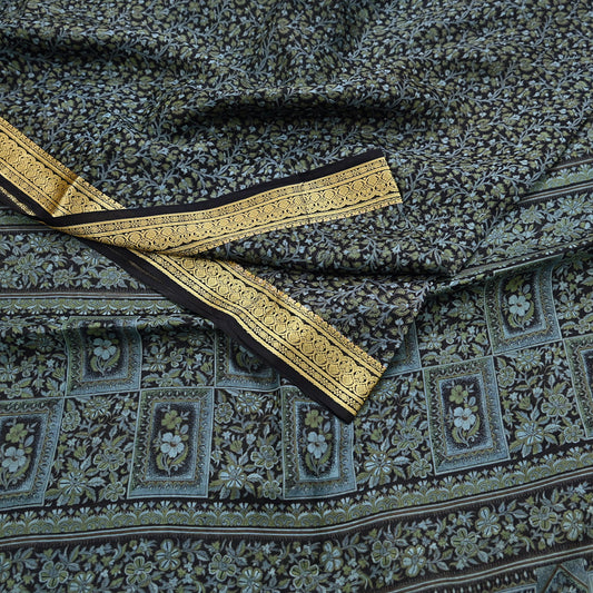 Indian Vintage Sari Black 100% Pure Silk Printed Sarees 5yd Sewing Craft Fabric Dress Making Soft Woven Border Upcycle Quilting