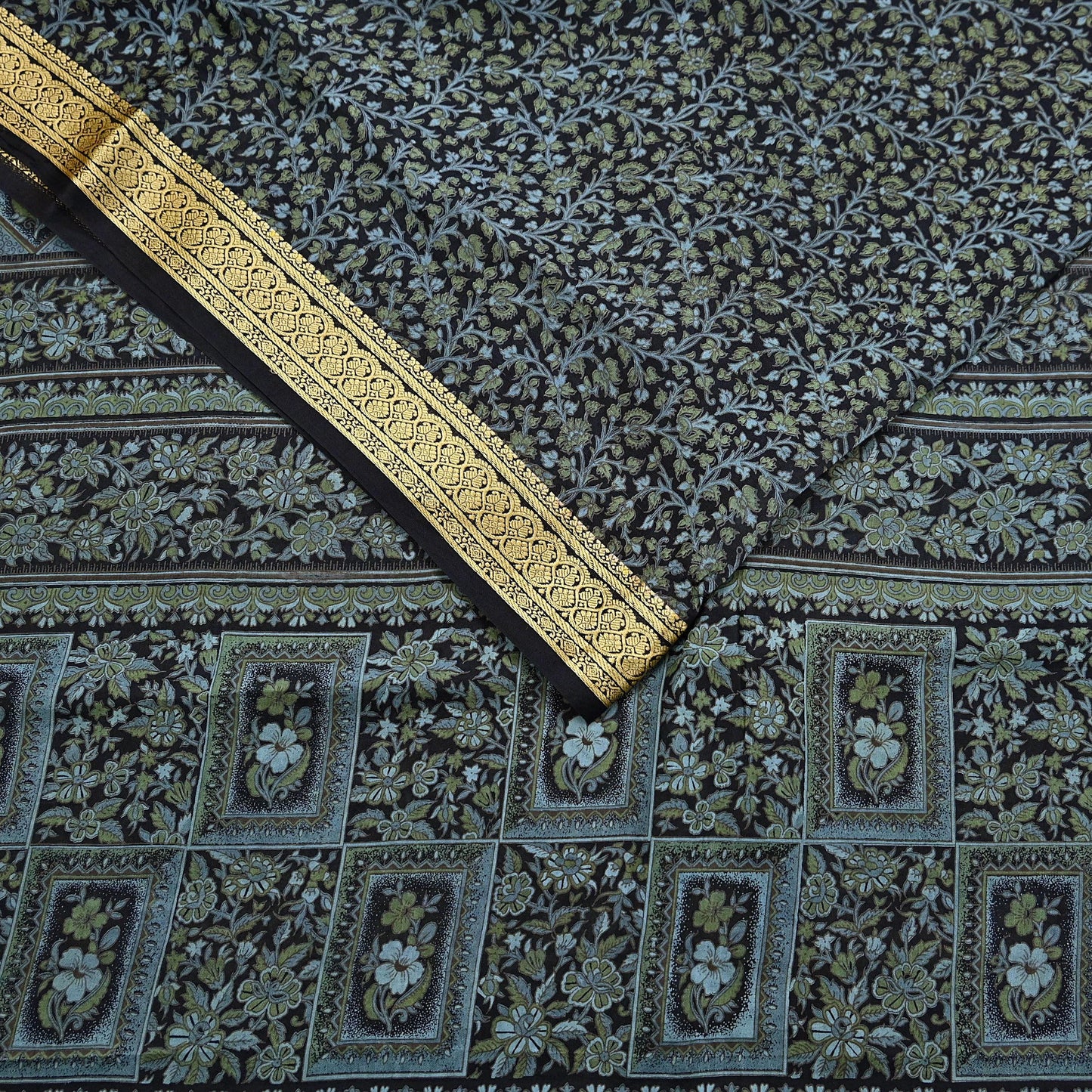 Indian Vintage Sari Black 100% Pure Silk Printed Sarees 5yd Sewing Craft Fabric Dress Making Soft Woven Border Upcycle Quilting