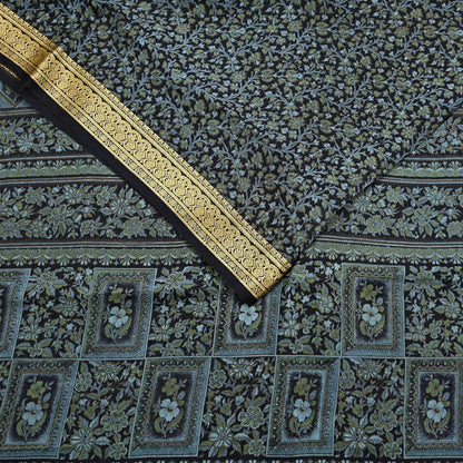 Indian Vintage Sari Black 100% Pure Silk Printed Sarees 5yd Sewing Craft Fabric Dress Making Soft Woven Border Upcycle Quilting