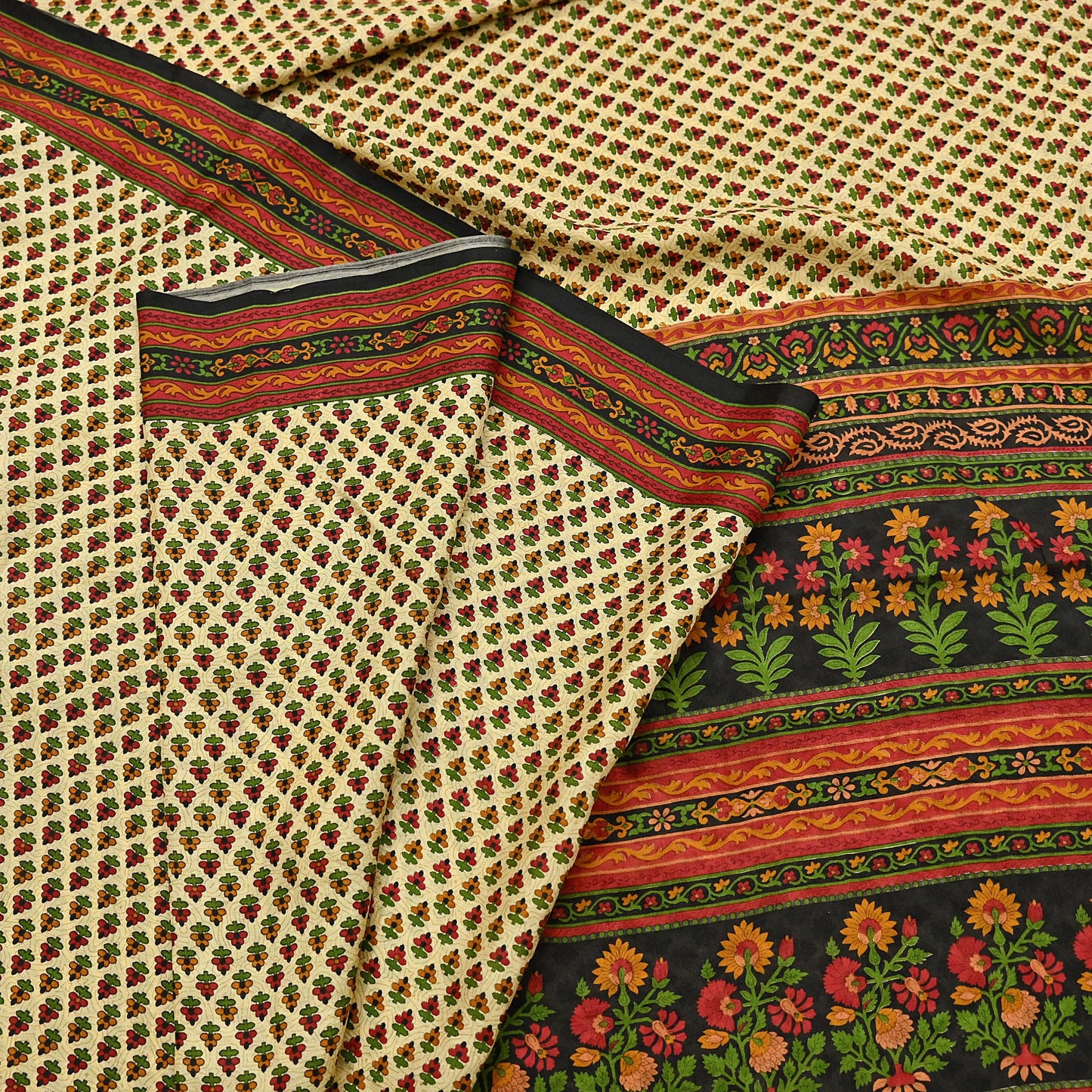 Indian Vintage Sari Beige & Black 100% Pure Silk Printed Saree Craft Fabric 5yd Sewing Dress Making Soft Wrap Quilting Crafting Upcycle