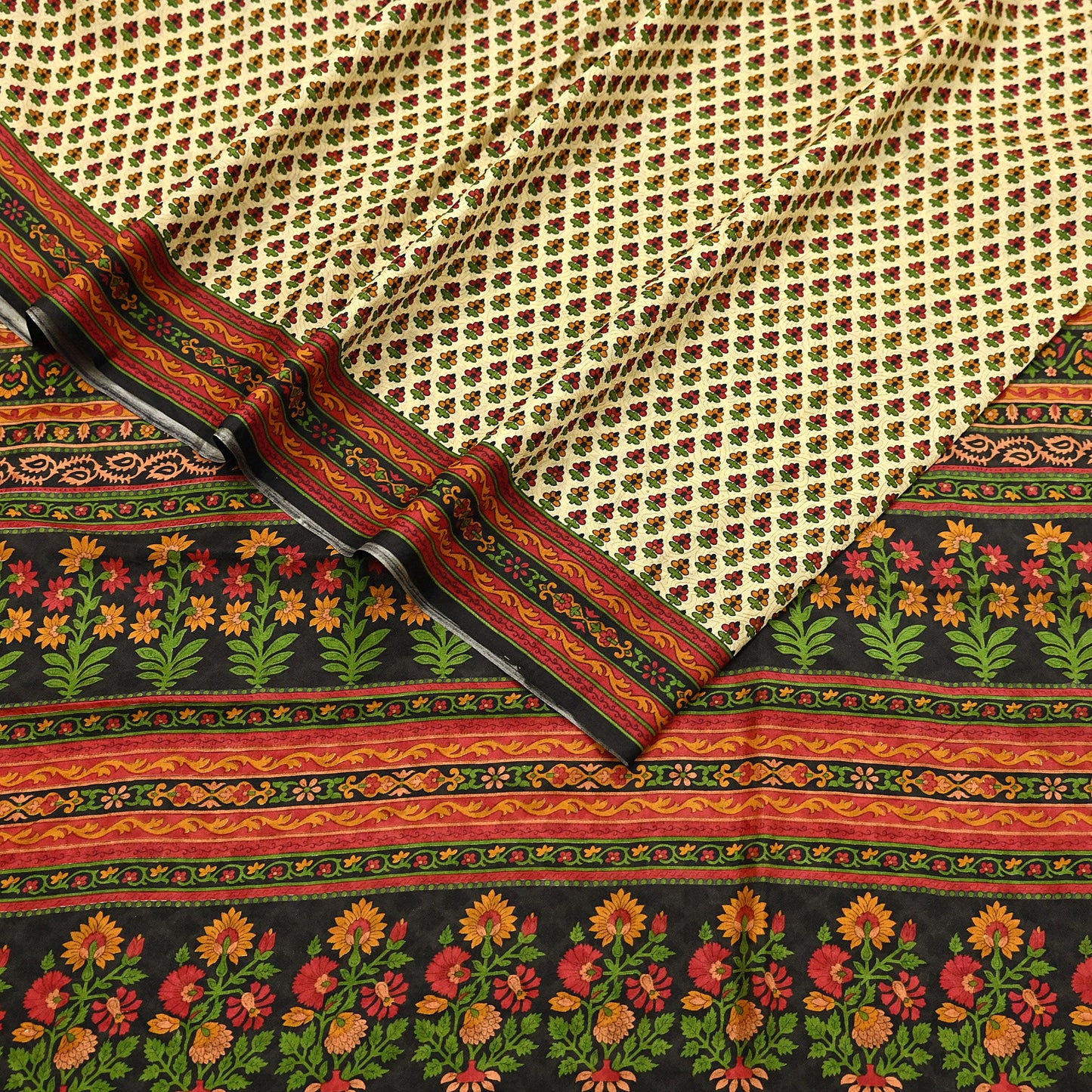 Indian Vintage Sari Beige & Black 100% Pure Silk Printed Saree Craft Fabric 5yd Sewing Dress Making Soft Wrap Quilting Crafting Upcycle