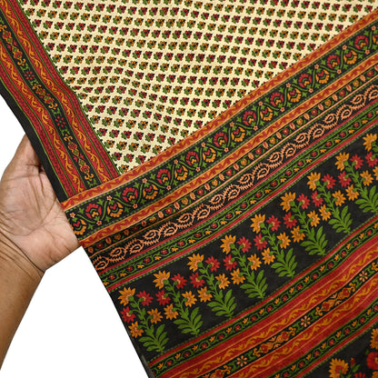 Indian Vintage Sari Beige & Black 100% Pure Silk Printed Saree Craft Fabric 5yd Sewing Dress Making Soft Wrap Quilting Crafting Upcycle
