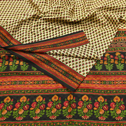 Indian Vintage Sari Beige & Black 100% Pure Silk Printed Saree Craft Fabric 5yd Sewing Dress Making Soft Wrap Quilting Crafting Upcycle