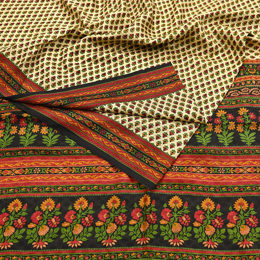 Indian Vintage Sari Beige & Black 100% Pure Silk Printed Saree Craft Fabric 5yd Sewing Dress Making Soft Wrap Quilting Crafting Upcycle