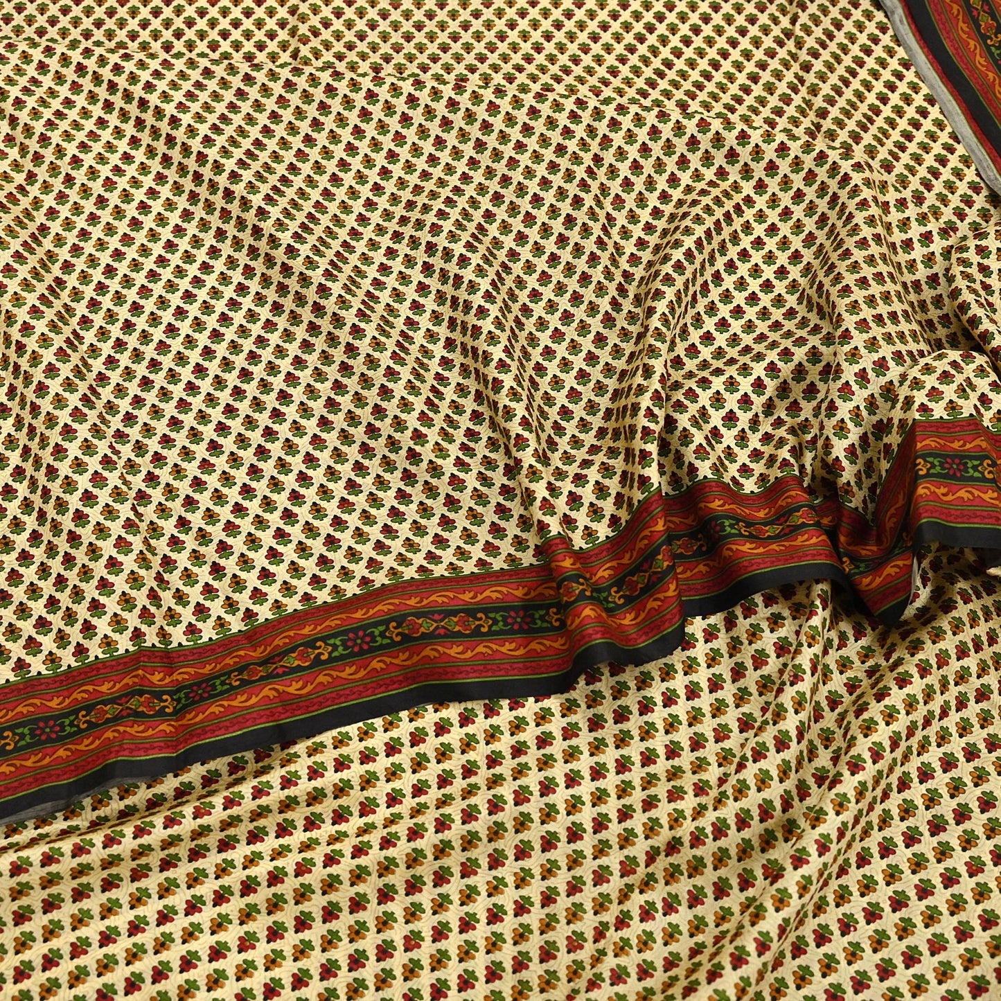 Indian Vintage Sari Beige & Black 100% Pure Silk Printed Saree Craft Fabric 5yd Sewing Dress Making Soft Wrap Quilting Crafting Upcycle