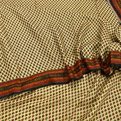 Indian Vintage Sari Beige & Black 100% Pure Silk Printed Saree Craft Fabric 5yd Sewing Dress Making Soft Wrap Quilting Crafting Upcycle