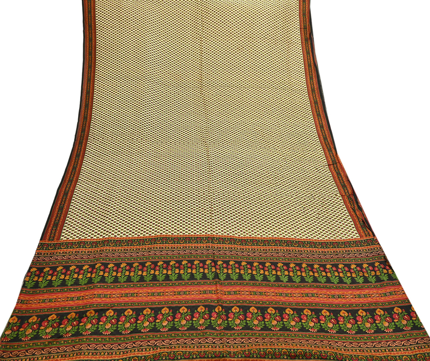 Indian Vintage Sari Beige & Black 100% Pure Silk Printed Saree Craft Fabric 5yd Sewing Dress Making Soft Wrap Quilting Crafting Upcycle