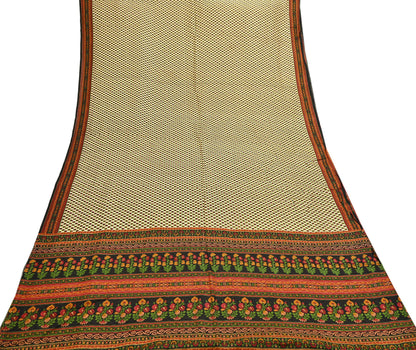Indian Vintage Sari Beige & Black 100% Pure Silk Printed Saree Craft Fabric 5yd Sewing Dress Making Soft Wrap Quilting Crafting Upcycle