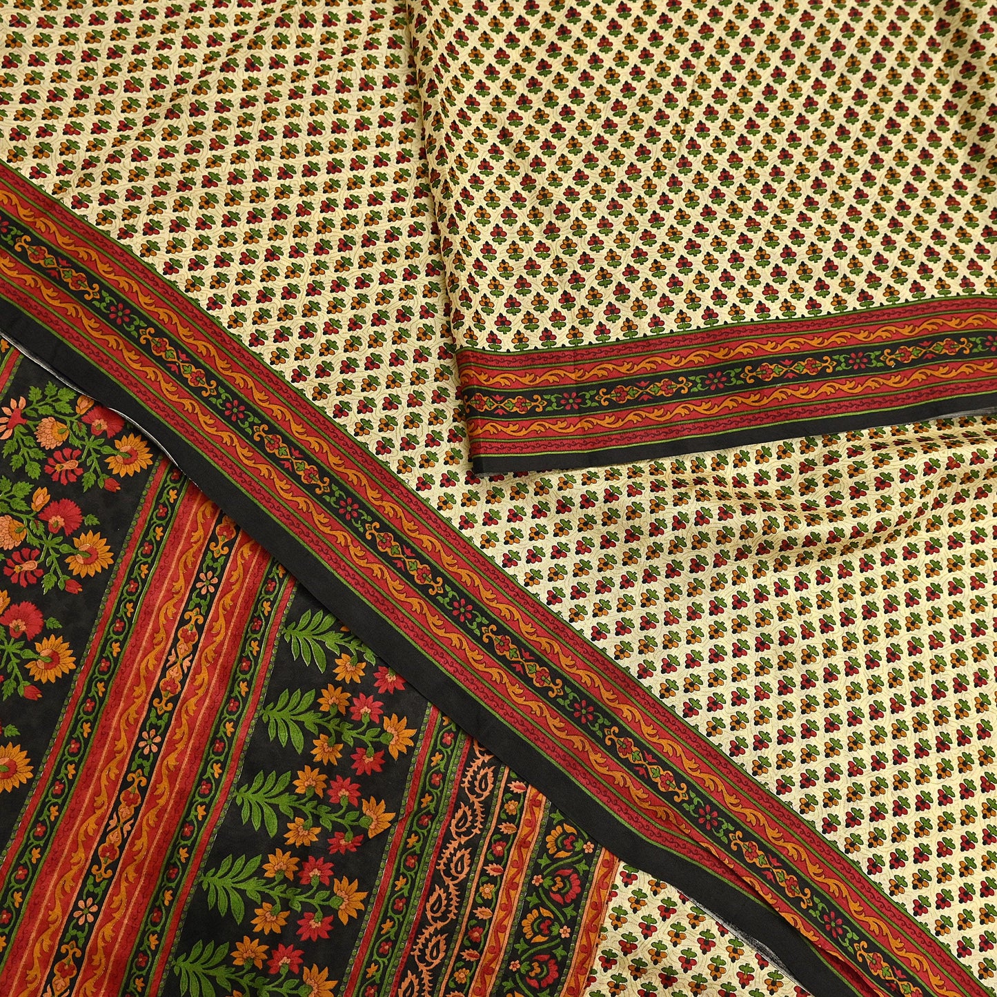 Indian Vintage Sari Beige & Black 100% Pure Silk Printed Saree Craft Fabric 5yd Sewing Dress Making Soft Wrap Quilting Crafting Upcycle