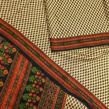 Indian Vintage Sari Beige & Black 100% Pure Silk Printed Saree Craft Fabric 5yd Sewing Dress Making Soft Wrap Quilting Crafting Upcycle
