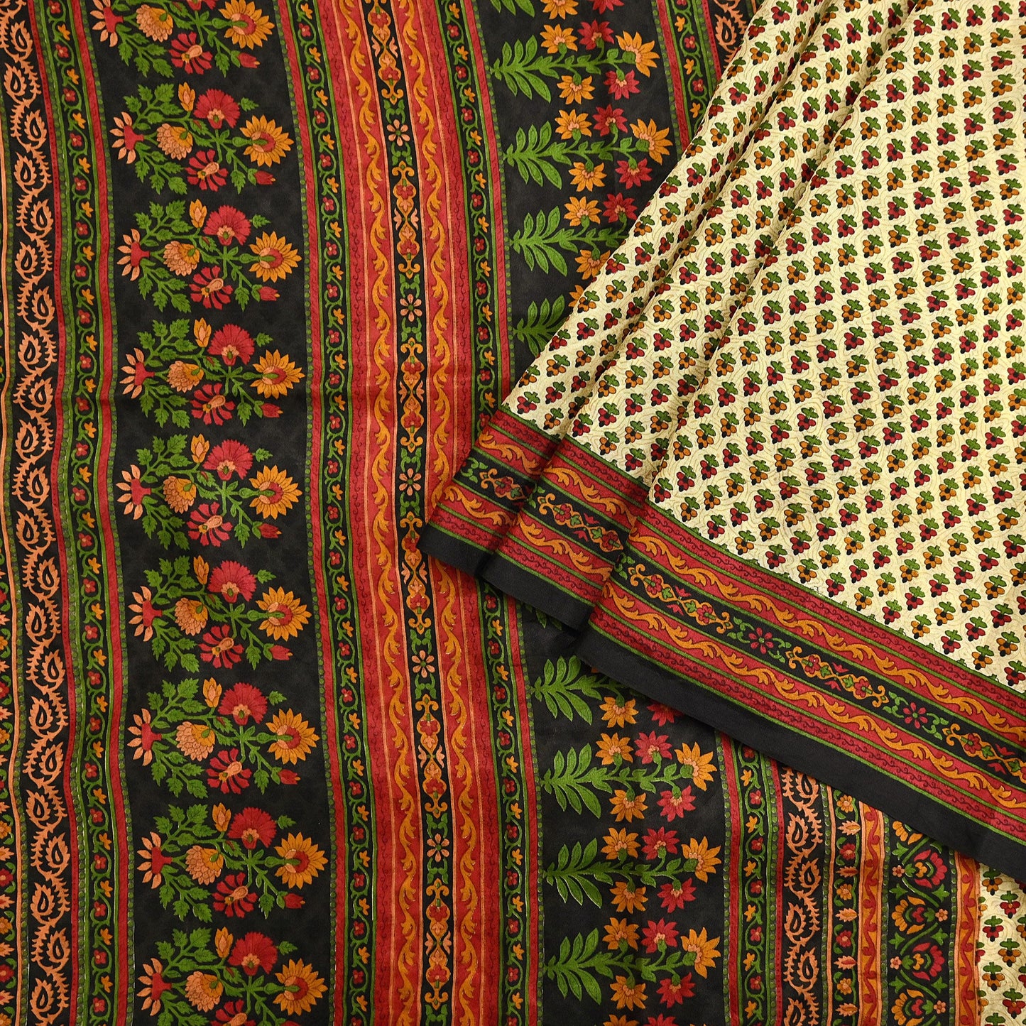 Indian Vintage Sari Beige & Black 100% Pure Silk Printed Saree Craft Fabric 5yd Sewing Dress Making Soft Wrap Quilting Crafting Upcycle