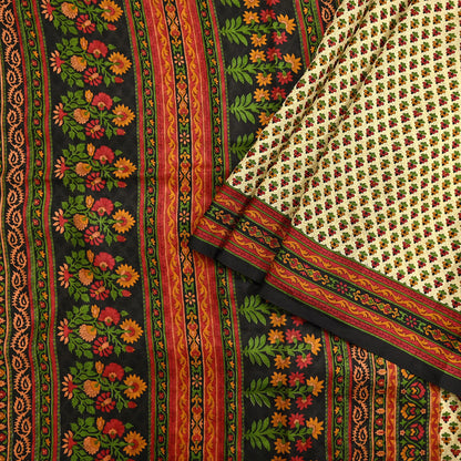 Indian Vintage Sari Beige & Black 100% Pure Silk Printed Saree Craft Fabric 5yd Sewing Dress Making Soft Wrap Quilting Crafting Upcycle