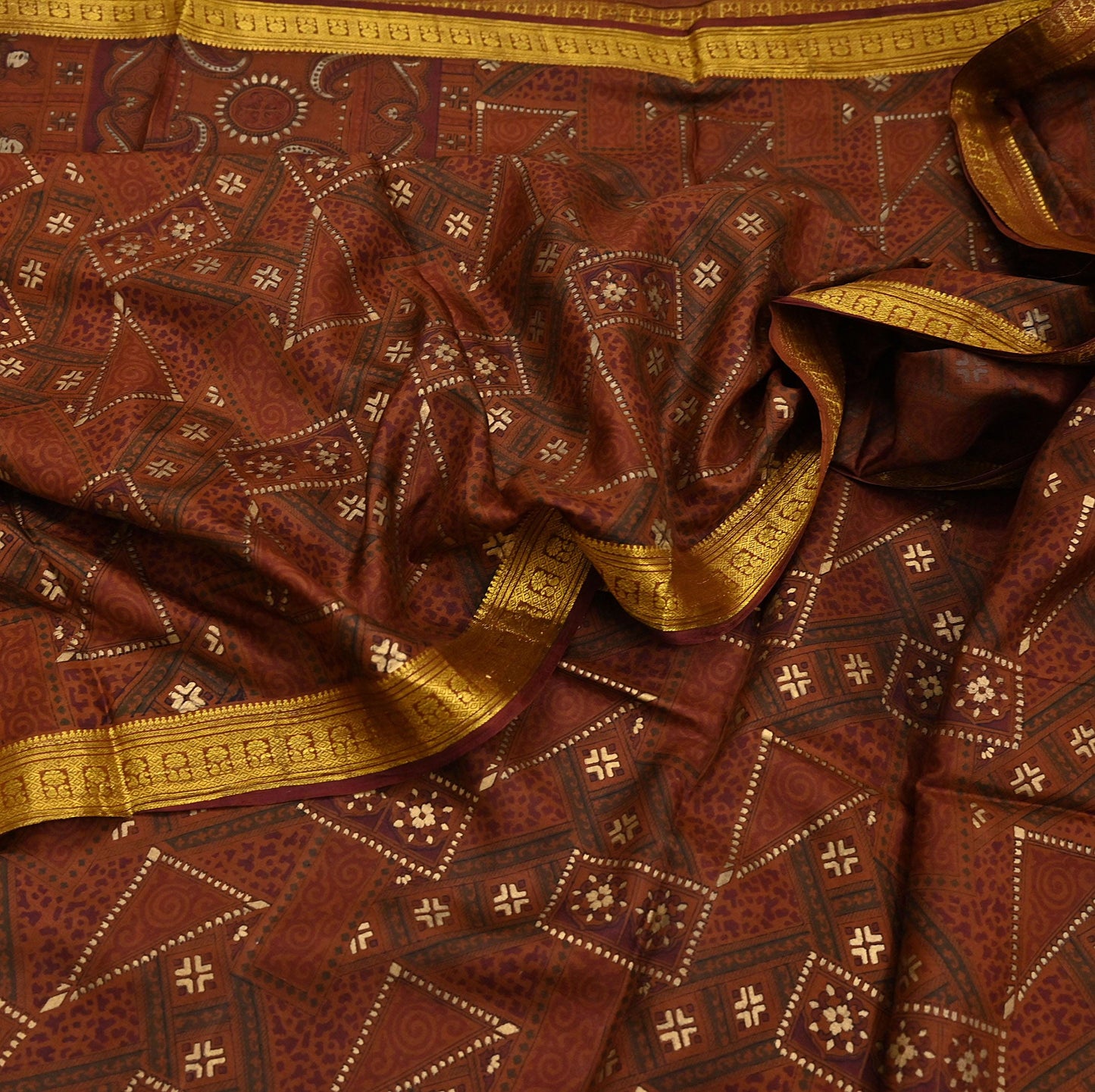 Indian Vintage Sari Brown 100% Pure Silk Printed Saree Craft Fabric 6yd Sewing Dress Making Soft Wrap Quilting Crafting Upcycle