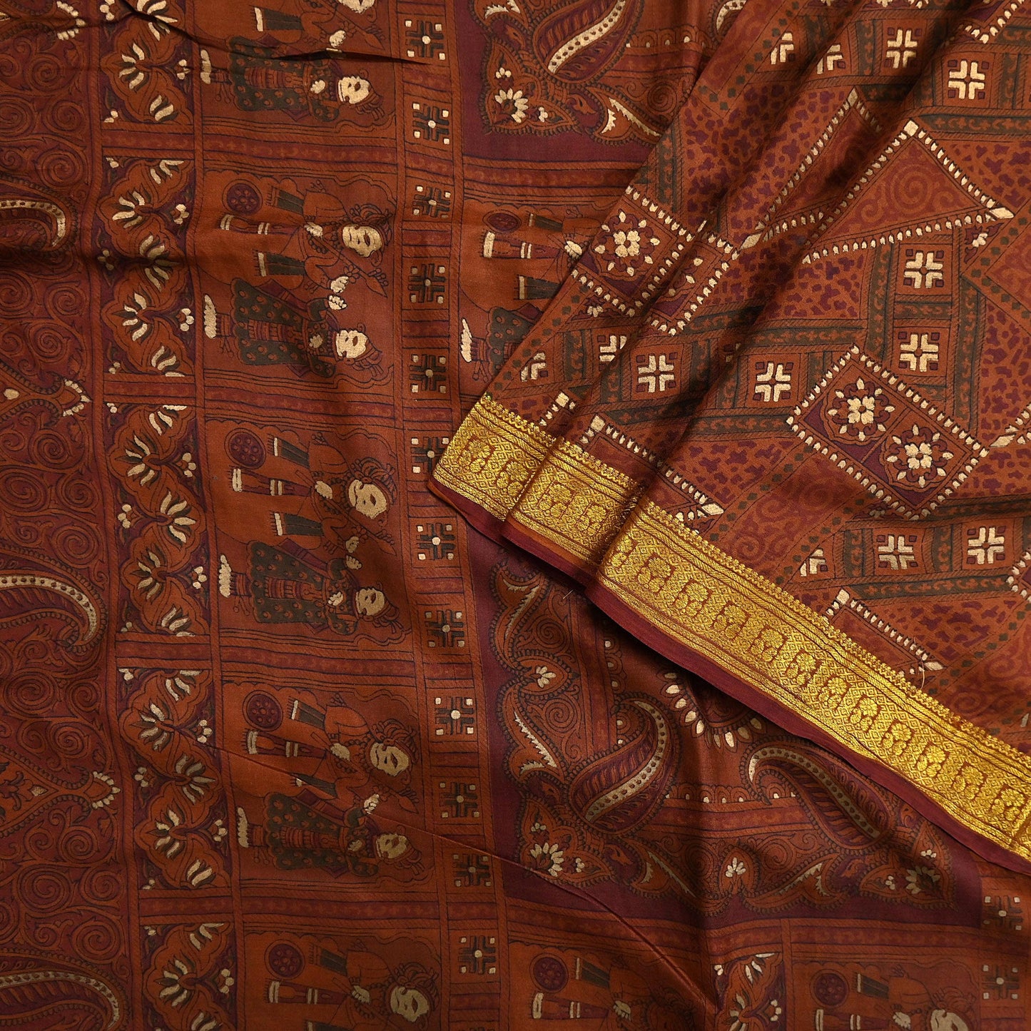 Indian Vintage Sari Brown 100% Pure Silk Printed Saree Craft Fabric 6yd Sewing Dress Making Soft Wrap Quilting Crafting Upcycle