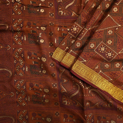 Indian Vintage Sari Brown 100% Pure Silk Printed Saree Craft Fabric 6yd Sewing Dress Making Soft Wrap Quilting Crafting Upcycle