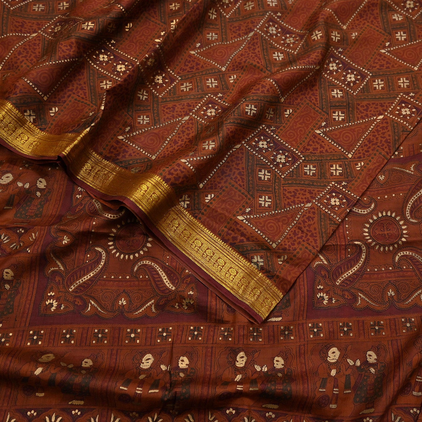 Indian Vintage Sari Brown 100% Pure Silk Printed Saree Craft Fabric 6yd Sewing Dress Making Soft Wrap Quilting Crafting Upcycle