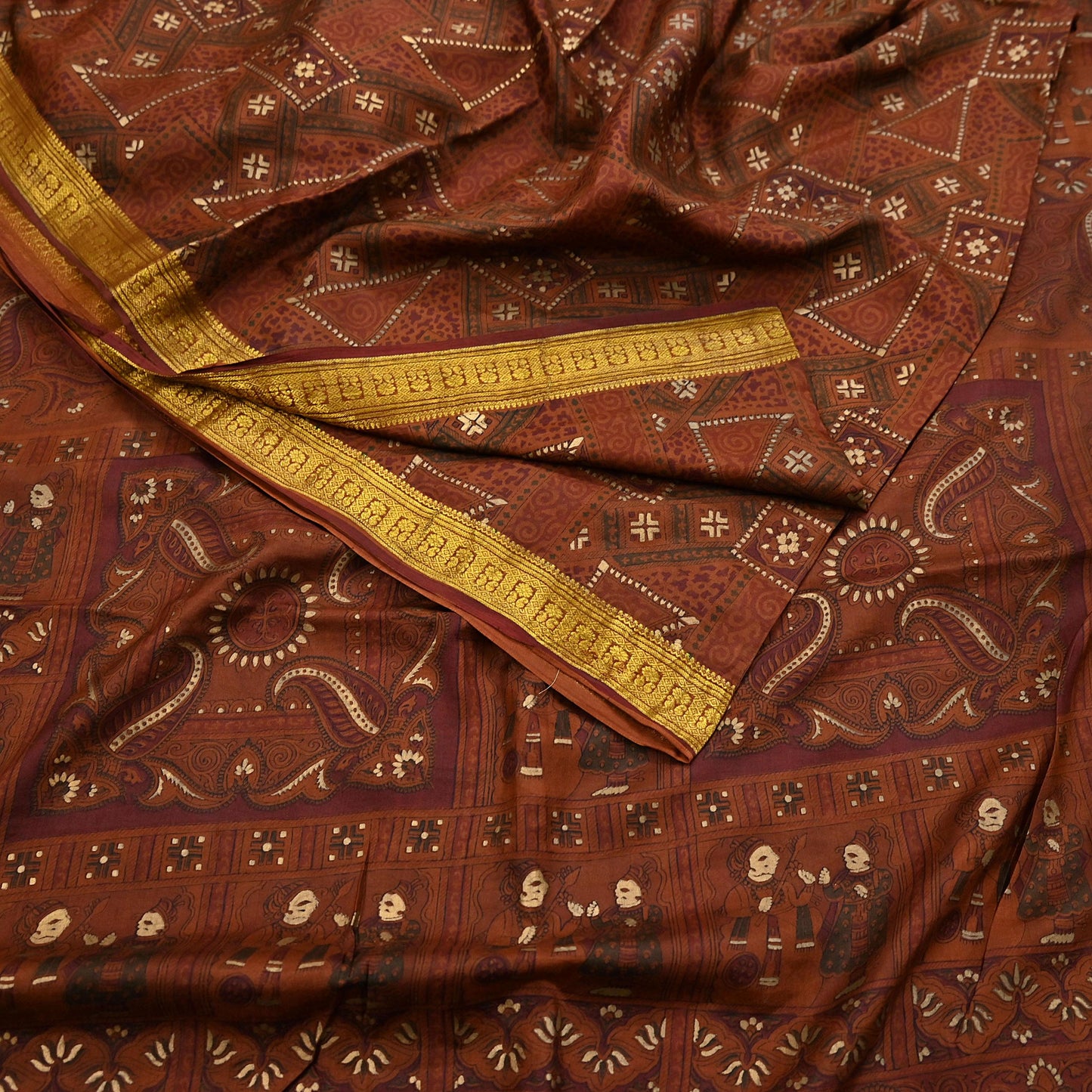 Indian Vintage Sari Brown 100% Pure Silk Printed Saree Craft Fabric 6yd Sewing Dress Making Soft Wrap Quilting Crafting Upcycle
