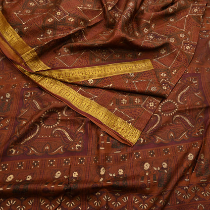 Indian Vintage Sari Brown 100% Pure Silk Printed Saree Craft Fabric 6yd Sewing Dress Making Soft Wrap Quilting Crafting Upcycle