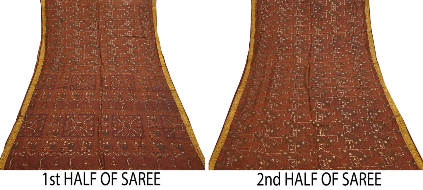 Indian Vintage Sari Brown 100% Pure Silk Printed Saree Craft Fabric 6yd Sewing Dress Making Soft Wrap Quilting Crafting Upcycle