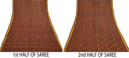 Indian Vintage Sari Brown 100% Pure Silk Printed Saree Craft Fabric 6yd Sewing Dress Making Soft Wrap Quilting Crafting Upcycle