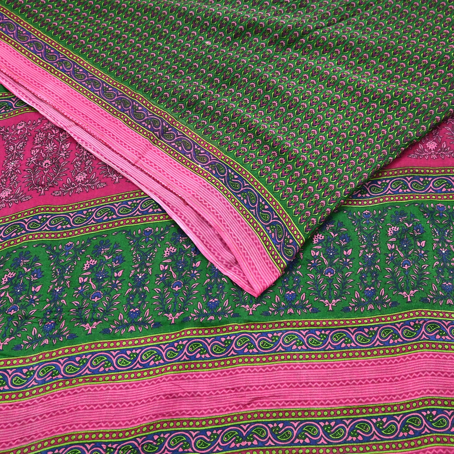 Indian Vintage Sari Green Pure Cotton Printed Sarees Craft Fabric 5Yd Soft Sewing Sarong Wrap Boho Floral Quilting Upcycle Crafting
