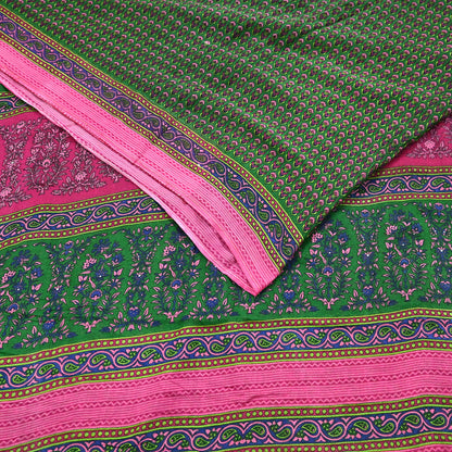 Indian Vintage Sari Green Pure Cotton Printed Sarees Craft Fabric 5Yd Soft Sewing Sarong Wrap Boho Floral Quilting Upcycle Crafting