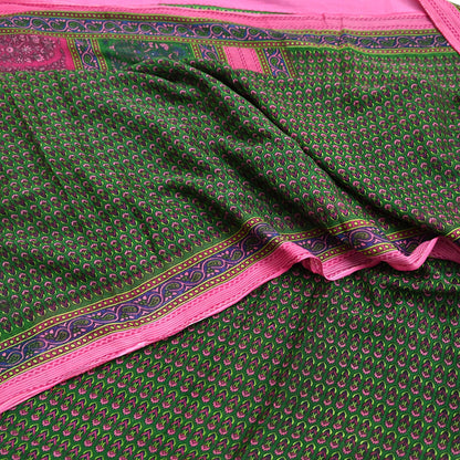 Indian Vintage Sari Green Pure Cotton Printed Sarees Craft Fabric 5Yd Soft Sewing Sarong Wrap Boho Floral Quilting Upcycle Crafting