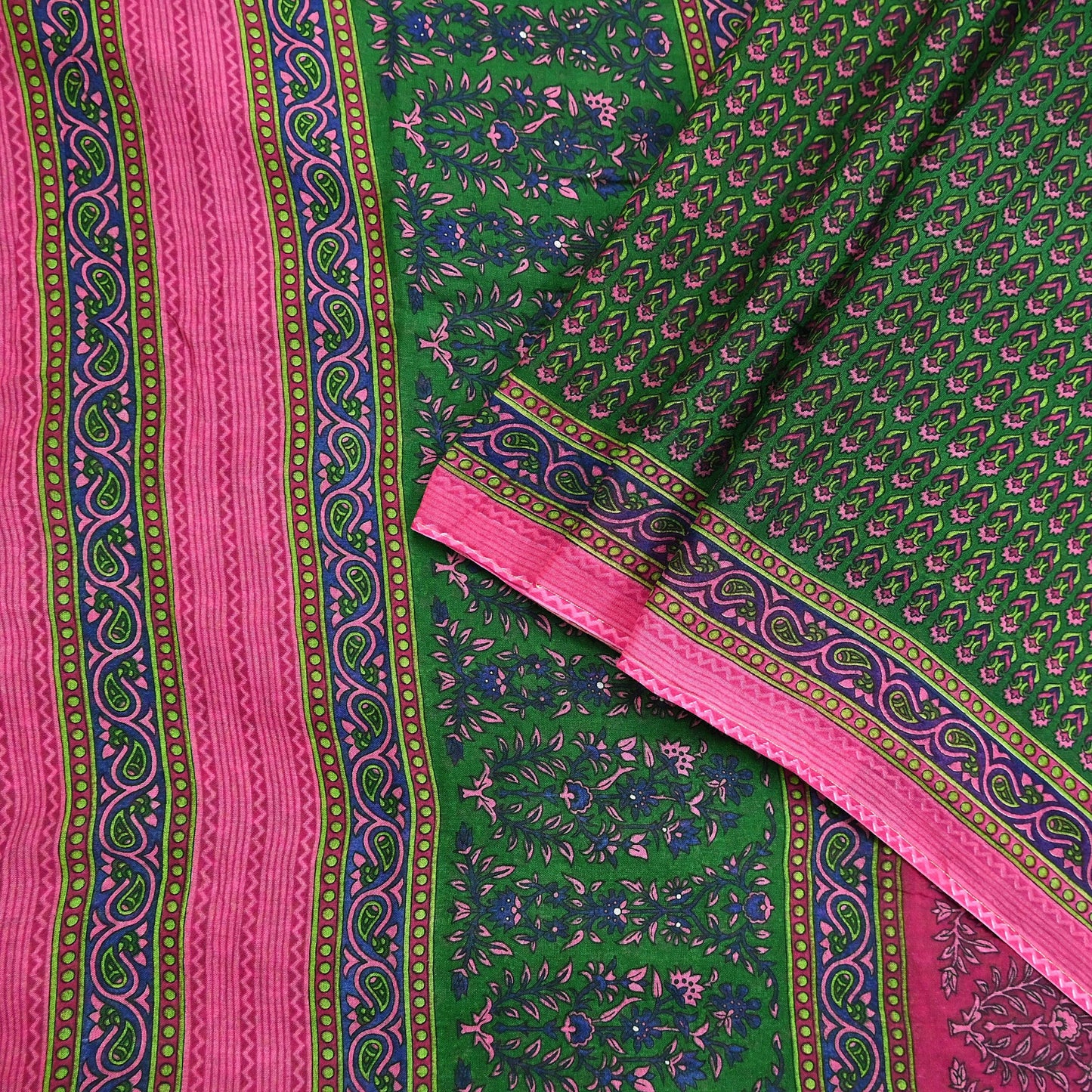 Indian Vintage Sari Green Pure Cotton Printed Sarees Craft Fabric 5Yd Soft Sewing Sarong Wrap Boho Floral Quilting Upcycle Crafting